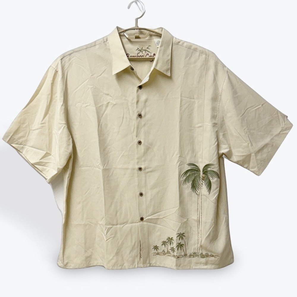 Bamboo Cay Mens XXL Cream Embroidered Palm Tree Modal Blend Camp Shirt S/S